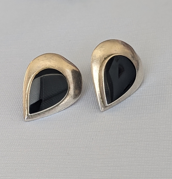 Signed Vintage 925 Sterling Silver Black Onyx Pear Shaped Clip On Earrings - Picture 6 of 12